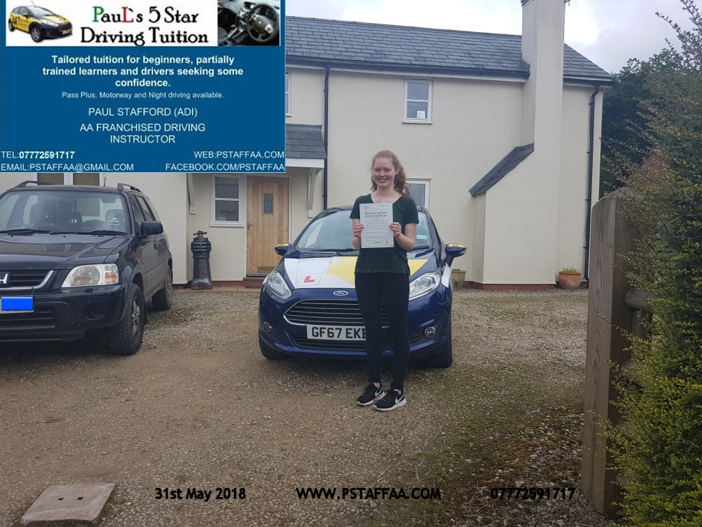 First Time Driving Test Pass for Hannah Carney with Paul's 5 Star Driving Tuition May 2018